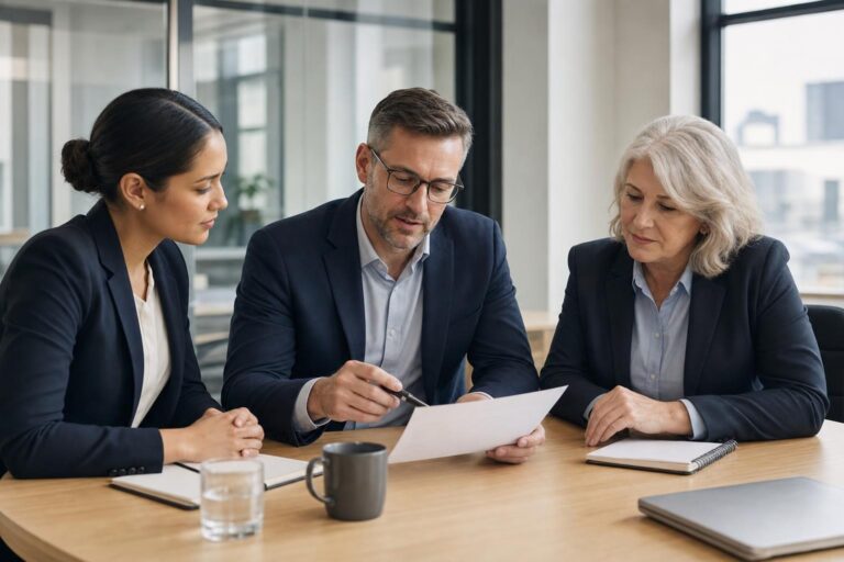 Shareholder deadlock: Three colleagues in navy blazers at a meeting table reviewing a printed document together